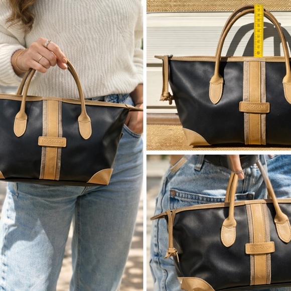 Longchamp Handbags - Longchamp Small Handbag Black Nylon Tan Leather Le Pliage Top Handle